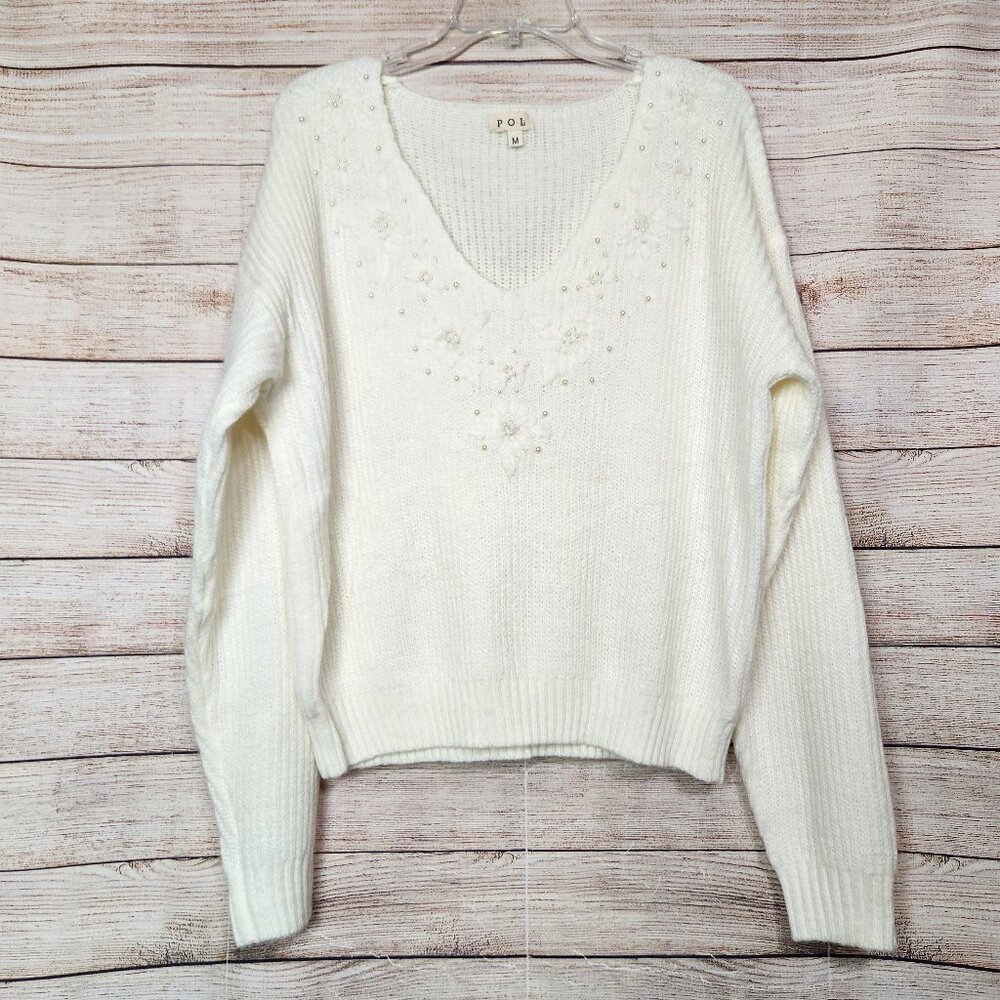 POL Women's Size Medium Cream Pullover Knit Sweater Pearl Accent Mohair Wool